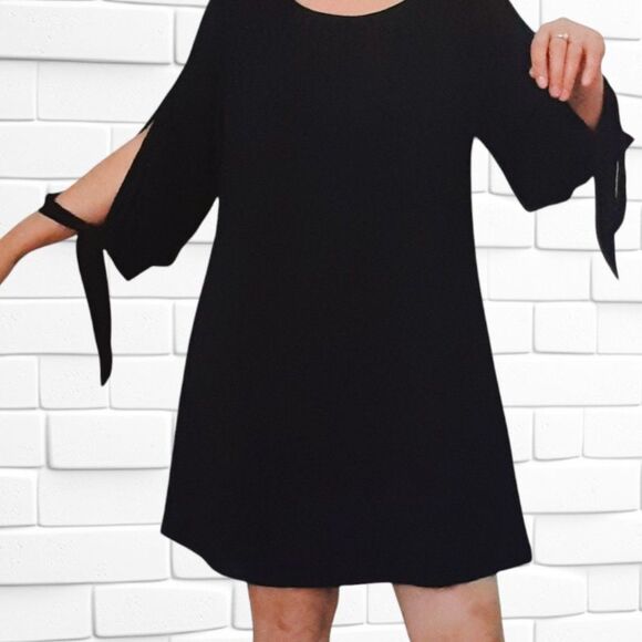 TYCHE Womens Relax Fit Crepe Lined Solid Black Open TieSleeves Shift Mini Dress - Picture 4 of 11